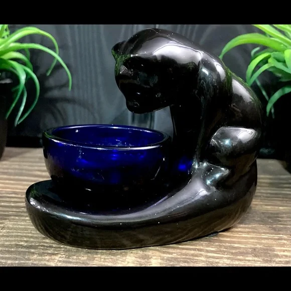 Vintage Haeger Style Black Cat | Gazing Bowl | Art Glass Cobalt Bowl - Picture 7 of 13